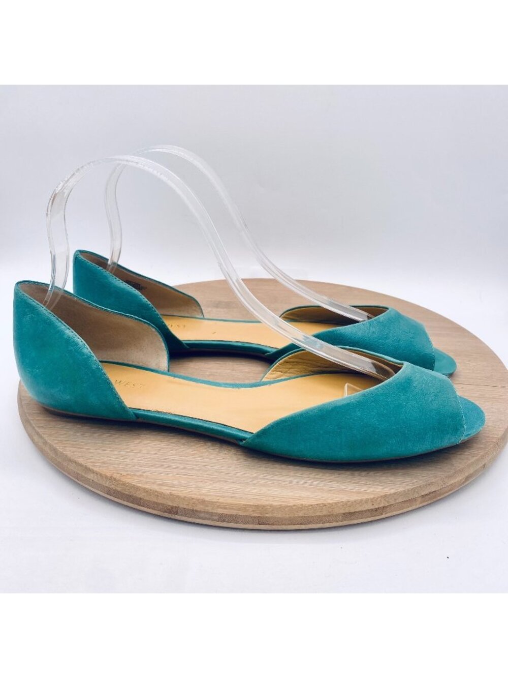 Nine West Sandals Womens 9.5 Teal Green Leather Retro Dorsay Flats Peep